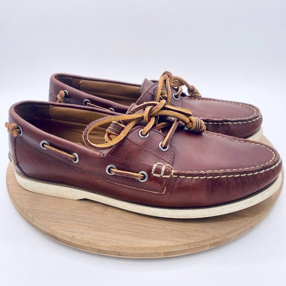 Polo Ralph Lauren Boat Shoes Mens 9 Brown Leather Merton Loafers Nautical - Picture 1 of 10